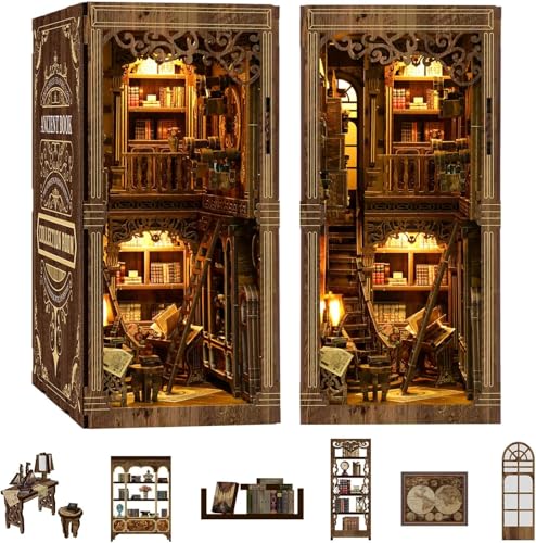 Book Nook Kit für Erwachsene, DIY Miniatur Haus Holzpuzzle 3D Puppenhaus - Buchstütze für Bücherregal Deko mit LED Lichtern Kreatives Geschenk für Leser (Klassische Büchersammlung) von Zoelele