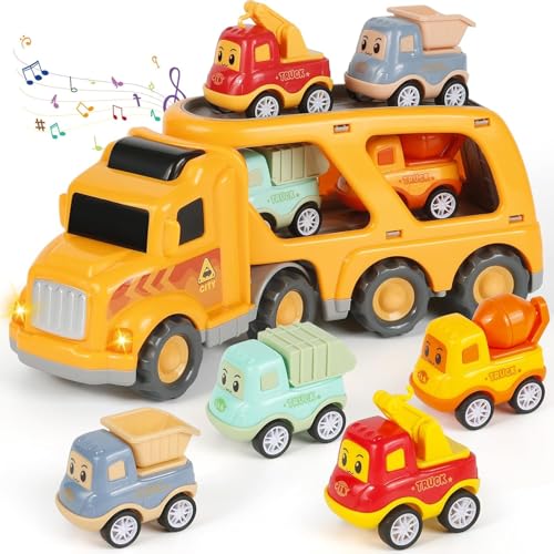Zoelele LKW Spielzeug Transporter für Kinder ab 3 Jahren, 5-in-1 Spielzeugauto-Set mit Licht & Sound, inkl. 4 Mini Rennwagen, Tragbarer Autotransporter, Jungen 3-7 Jahre - 02 von Zoelele