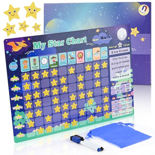 Zoelele Wochenplaner Kinder, Dinosaurier Montessori Belohnungstafel für Kinder, Magnettafel inkl. 30 Aufgaben + 70 Sterne + 2 Marker, Beschreib & Abwischbar, Sternchenplan für Kühlschrank (Blau) von Zoelele