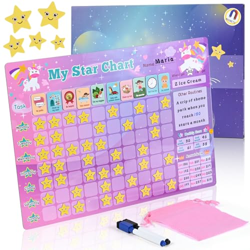Zoelele Wochenplaner Kinder, Einhorn Montessori Belohnungstafel für Kinder, Magnettafel inkl. 30 Aufgaben + 70 Sterne + 2 Marker, Beschreib & Abwischbar, Sternchenplan für Kühlschrank (Rosa) von Zoelele