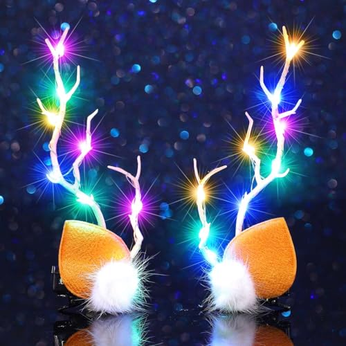 Zoestar LED-Weihnachts-Haarspangen, beleuchtetes Geweih, Haarspangen, Elch, Hirsch, Weihnachts-Haarnadeln, leuchtend, Festival, Kostüm, Haarschmuck für Damen (2 Stück) (Buntes Licht, Einheitsgröße) von Zoestar