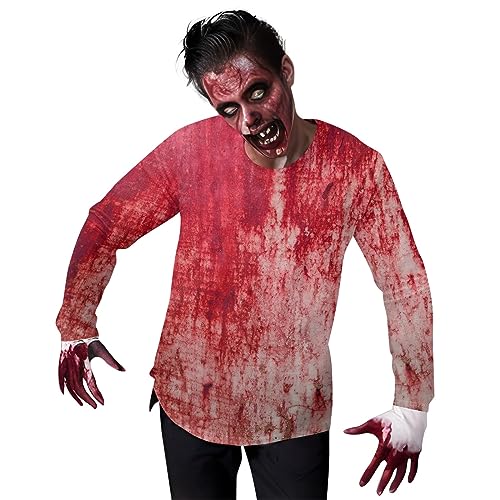 Zofedap Halloween Kostüm Herren Horror Tops Zombie Tshirt Blutige Langarm Cosplay Kostüm Blutspritzer Kostüm Karneval Kostüm Faschingskostüme Männer (Red, L) von Zofedap