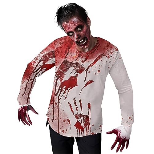 Zofedap Halloween Kostüm Herren Horror Tops Zombie Tshirt Blutige Langarm Cosplay Kostüm Blutspritzer Kostüm Karneval Kostüm Faschingskostüme Männer (Watermelon Red, L) von Zofedap