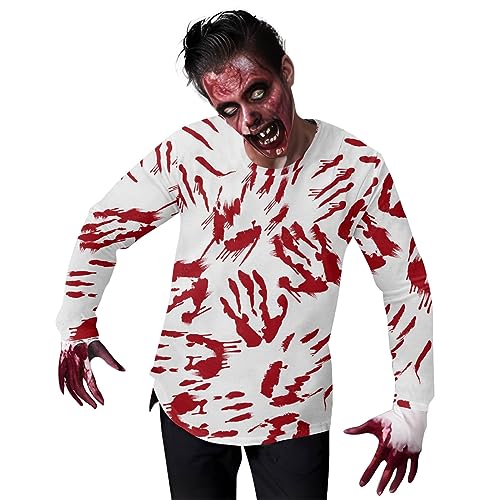 Zofedap Halloween Kostüm Herren Horror Tops Zombie Tshirt Blutige Langarm Cosplay Kostüm Blutspritzer Kostüm Karneval Kostüm Faschingskostüme Männer (White, XXXL) von Zofedap