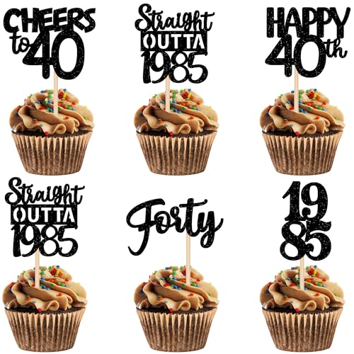 Cupcake-Topper zum 40. Geburtstag, schwarzer Glitzer, 40 Stück, Motiv: Forty Happy Straight Outta 5,041.9 cm (1985) von ZogCowy
