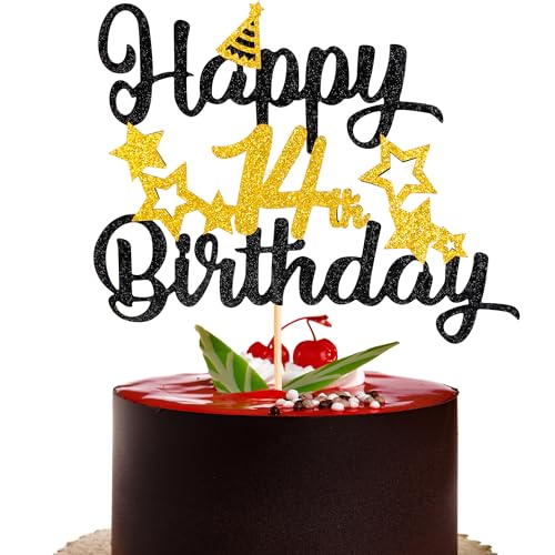 Tortenaufsatz "Happy 14th Birthday", glitzernde Sterne, glitzernde Kuchendekoration für Jungen und Mädchen, 1 Stück (Schwarzgold, 14. Geburtstag) von ZogCowy
