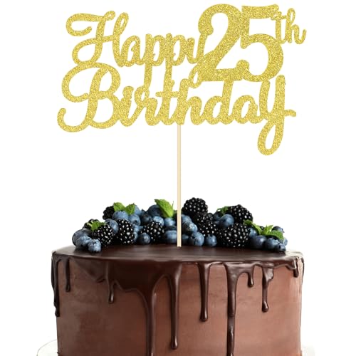 Tortenaufsatz "Happy 25th Birthday", goldfarbener Glitzer, "Cheers to 25 Years", Dekoration zum 25. Geburtstag für Sie und Ihn, 1 Stück (Gold, 25. Geburtstag) von ZogCowy