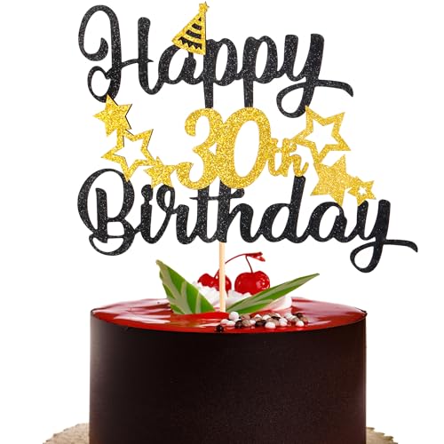 Tortenaufsatz "Happy 30th Birthday", glitzernde Sterne, glitzernde Kuchendekoration für Jungen und Mädchen, 1 Stück (Schwarzgold, 30. Geburtstag) von ZogCowy