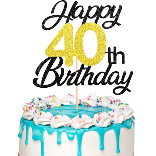 Tortenaufsatz "Happy 40th Birthday", Schwarz / Gold, Glitzer, "Cheers to 40 Years", Dekoration zum 40. Geburtstag, für Sie und Ihn, Geburtstagsparty (Schwarzgold, 40. Geburtstag), 1 Stück von ZogCowy
