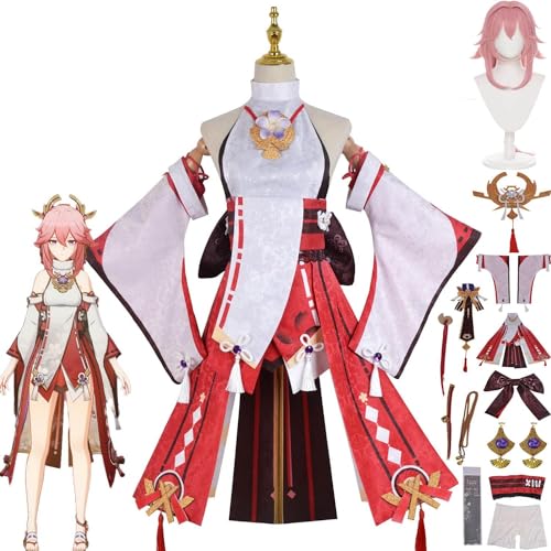 ZoikoM Genshin Impact Yaemiko Cosplay Kostüm Outfit Spielzeugfiguren Raiden Shogun Uniform Komplettset Halloween Party Dress Up Anzug mit Perücke von ZoikoM