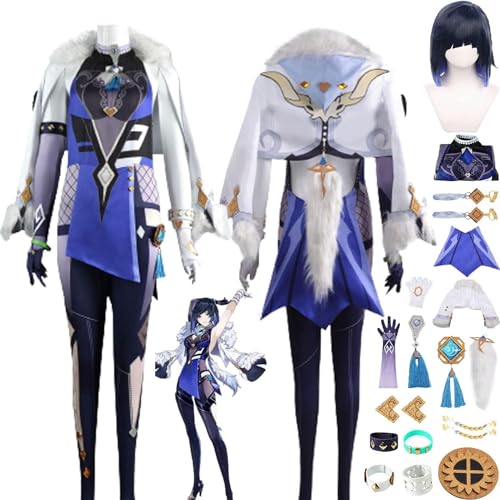 ZoikoM Genshin Impact Yelan Cosplay Kostüm Outfit Spielzeugfiguren Dehya Raiden Shogun Uniform Komplettset Halloween Party Dress Up Anzug mit Ohrringen Perücke von ZoikoM