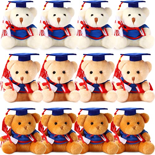 Zomiboo 12 Stück Mini Abschluss Bären Stofftier 3,54 Zoll Plüsch Bär mit Hut Gemischte Farbe Mini Bär Puppen für DIY 2022 Abschluss Schule Geschenk Abschlussfeier Party Dekoration (Blauer Hut) von Zomiboo
