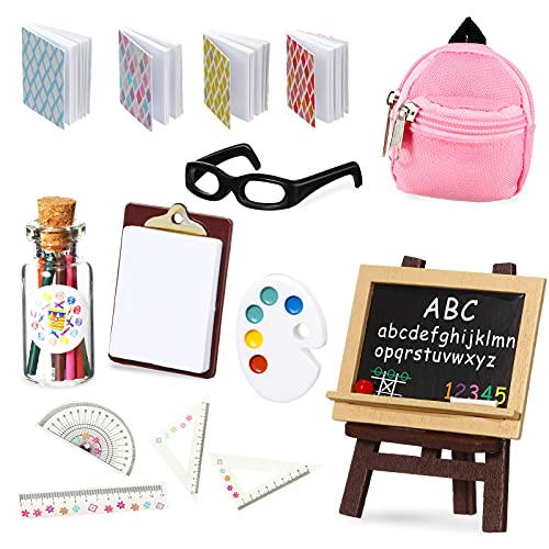 Zomiboo 14 Stück Puppenschulbedarf Mini Puppe Rucksack Brille Tafel Palette Miniaturbücher Papier Klemmbrett Bleistift Puppen Lineale Puppenzubehör (Schicker Stil) von Zomiboo