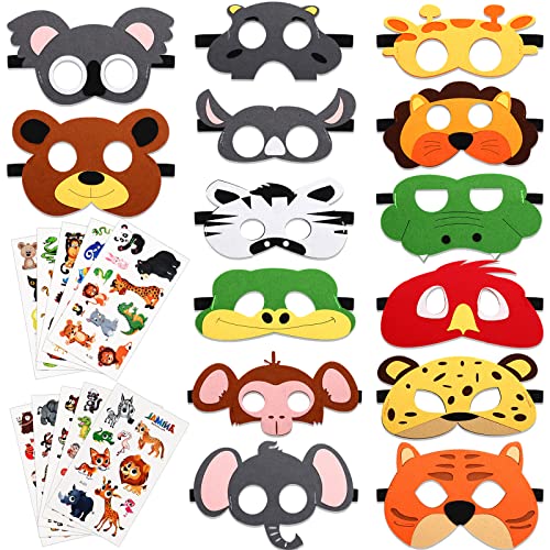 Zomiboo 14 Stück Safari Tier Filz Masken für Kinder Zoo Tiere Dschungel Party Mitgebsel mit 10 Blättern Dschungel Aufkleber Kostüme Anziehen Fotoautomat Requisiten Party Zubehör von Zomiboo