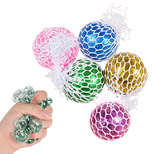 5 Stück Squeeze Mesh Ball, ZoneYan Mesh Ball Spielzeug, Stressball mit Netz Glitzer, Fidget Toy Stress Ball, Quetschball im Netz, Für Kinder Und Erwachsene, Stress Reduzieren, Konzentration Verbessern von ZoneYan