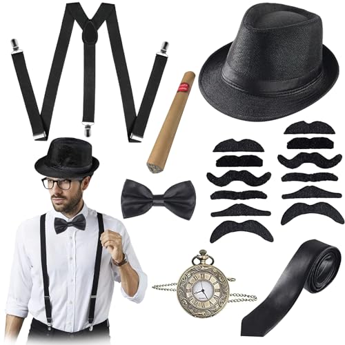 ZoneYan 20er Jahre Herren Accessoires, Mafia Karneval Kostüm Herren, Gangster Kostüm Herren, Peaky Blinders Kostüm, Hosenträger Herren Kostüm Set mit Panama Hut Taschenuhr Fliege Krawatten Bärte von ZoneYan