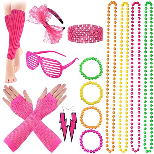 ZoneYan 80er 90er Jahre Outfit Damen, 80er 90er Jahre Accessoires 17tgl, Faschingskostüme Neon Stirnband, Ohrring, Halskette, Handschuhe, Brille, Thema Party Karneval Kostüm, Neon Party Outfit von ZoneYan