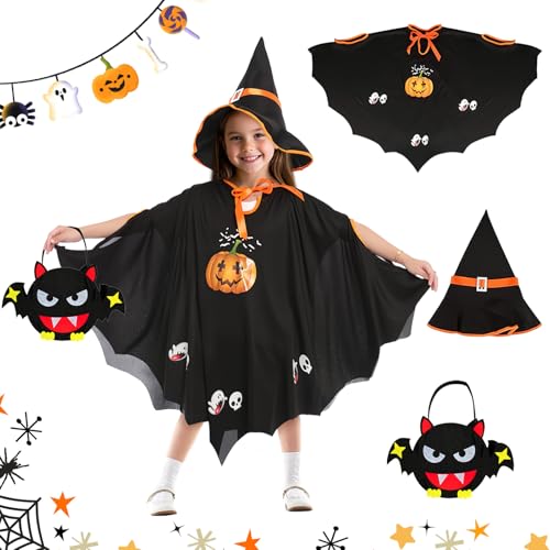 ZoneYan Fledermaus Kostüm Kinder, Halloween Kostüm Kinder mit Hut, Tasche, Fledermaus Umhang für Höhe 90-150 cm Mädchen Jungen, Kürbis Kostüm für Halloween Fasching Cosplay Karneval ZoneYan Fledermaus Kostüm Kinder, Halloween Kostüm Kinder mit Hut, Tasche, Fledermaus Umhang für Höhe 90-150 cm Mädchen Jungen, Kürbis Kostüm für Halloween Fasching Cosplay Karneval von ZoneYan