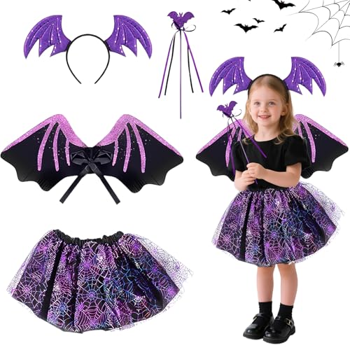 ZoneYan Halloween Fledermaus Kostüm Kinder, Fledermauskostüm Mädchen, Mädchen Fledermaus Tutu, Fledermauskostüm Vampir, Karnevals Halloween Party Kostüm, FledermausKostüm Set von ZoneYan