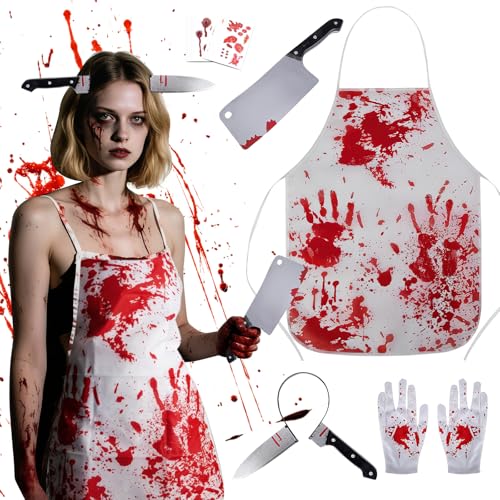 ZoneYan Halloween Schlachter, Horror Metzger kostüm mit Blutige Schürze, Messer im Kopf Haarreif, Zombie Scars Tattoo, Hackbeil und Handschuhe, Grusel Schlachter Outfit für Halloween Karneval Party ZoneYan Halloween Schlachter, Horror Metzger kostüm mit Blutige Schürze, Messer im Kopf Haarreif, Zombie Scars Tattoo, Hackbeil und Handschuhe, Grusel Schlachter Outfit für Halloween Karneval Party von ZoneYan