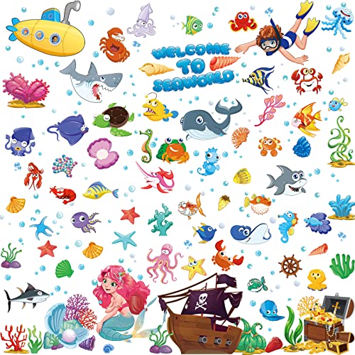 Ocean Fish Wandtattoos Unterwasser Wandaufkleber Abnehmbare Ozean Wandtattoos Aquarell Ozean Tier Aufkleber für Kinder Badezimmer Schlafzimmer Spielzimmer Dekoration von Zonon