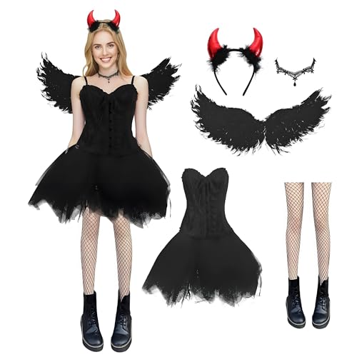 Engel Kostüm Damen, Engel Teufel Flügel Kostüm, Weißes Korsett Top Tüllrock mit Heiligenschein und Teufel Hörner für Halloween Karneval (Schwarz Teufel, L) von Zophlly