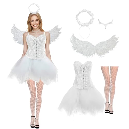 Engel Kostüm Damen, Engel Teufel Flügel Kostüm, Weißes Korsett Top Tüllrock mit Heiligenschein und Teufel Hörner für Halloween Karneval (Weiß Engelsflügel, L) von Zophlly