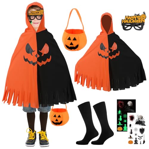 Halloween Kürbis Kostüm Kinder Umhang, Geist Zauberer Umhang mit Hut, Orange Hexen Cosplay Kostüm für Karneval von Zophlly