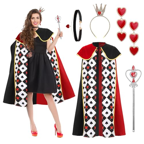 Königin Kostüme für Damen, 6 Stück Königin der Herzen Kostüm Umhang der Herzkönigin mit Krone Ohrringe für Halloween Karneval Cosplay von Zophlly