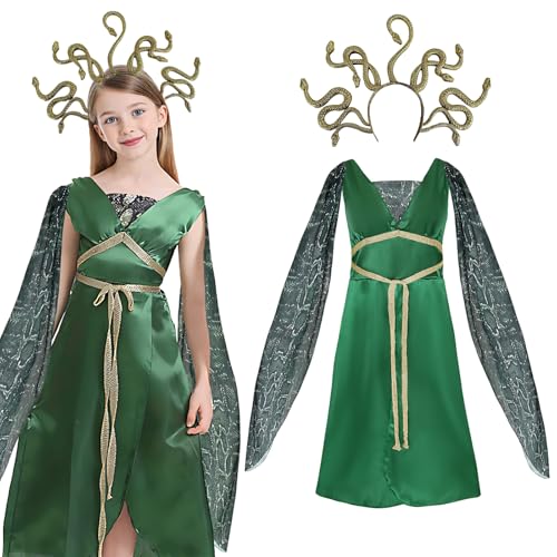 Medusa Griechische Göttin Kostüm, Mittelalter Kleid Mädchen mit Schlange Haarreif für Kinder Halloween Karneval Cosplay (S) von Zophlly