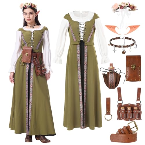 Mittelalter Kleid Damen Renaissance Kostüm, Hexenhut Elfenohren Halskette Blumenkrone Ledergürtel, Trompetenärmel Halloween Cosplay Karneval Cosplay (Medium) von Zophlly