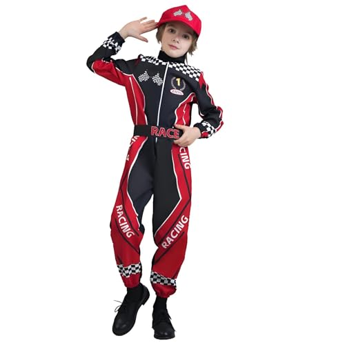 Rennfahrer Kostüm Jungen Racer Racer Overall Jumpsuit mit Gläser Medaille Hut Flagge für Halloween Karneval Cosplay (M) von Zophlly