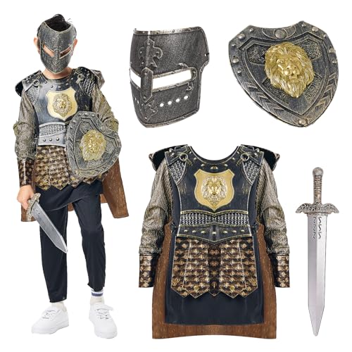 Römisches Gladiator Kostüm Kinder Rom Krieger Zenturio Junge mit Mütze für Halloween Karneval Cosplay (140 cm) von Zophlly