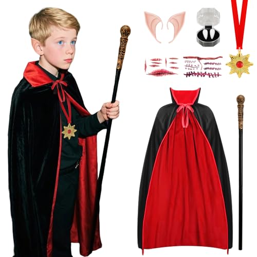Vampir Kostüm Kinder, Schwarz Rot Umhang Mit Kragen Halloween Cosplay Jungen Mädchen Vampirumhang Mit Zepter Aufkleber von Zophlly
