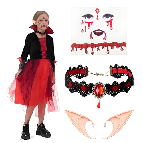 Vampir Kostüm Mädchen, Vampir Kinder Kleid mit Halsband Set für Halloween Karneval Mottoparty Dracula Cosplay Party (M) von Zophlly