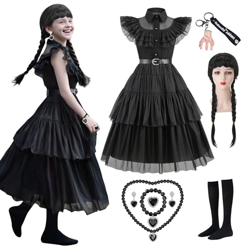 Wednesday Kostüm Kinder, Addams Dirndl Kleid Damen, Mädchen Gotisch Schwarz Kostüm für Halloween Karneval Fasching Cosplay Party (L) von Zophlly