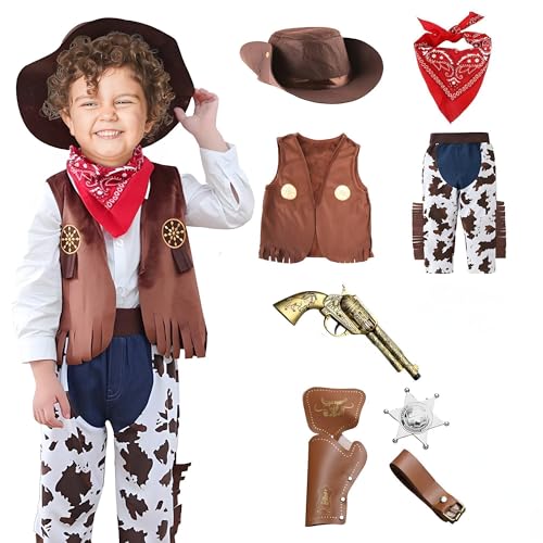 Zophlly Cowboy Kostüm Kinder, Fasching Kostüm mit Zubehör Cowboy Weste Hut Bandana Halloween Karneval Sheriff Jungen Dress Up (6-7 Jahre) von Zophlly