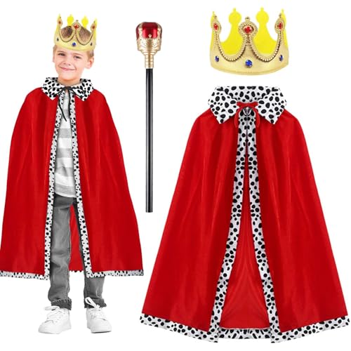 Zophlly Prinzumhang für Kinder, Bademantel aus Samt des Königs mit Krone und Zepter, Kostüm für Jungen für Partys, Halloween, Karneval (rot) von Zophlly