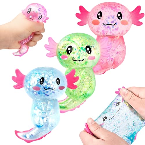 3 Stück Axolotl Squeeze Stress Spielzeug, Glitzernde Axolotl Antistress Spielzeug Squishy, Axolotl Sugar Squeeze, Axolotl Squishy, Axolotl Squeeze Toy, Für Kinder Erwachsener (Grün, Blau, Pink) von Zorvayne