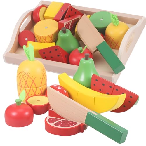 Zourglow Kinderküche Zubehör Holz, Montessori Spielzeug ab 3+ Jahre, Küchenspielzeug Schneiden Obst Lebensmittel Holz, Lernspielzeug Rollenspiele Pädagogisches Spielzeug Geschenk für Kinder von Zourglow