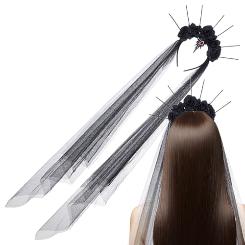 Zqkimzi Halloween Haarreifen Für Damen - Gotische Schwarze Rosen Kränze Stirnband Mit Schleier für Mädchen | Tag der Blumen Kopfschmuck Halloween Kostümzubehör für Cosplay Karneval Maskenbälle und Zqkimzi Halloween Haarreifen Für Damen - Gotische Schwarze Rosen Kränze Stirnband Mit Schleier für Mädchen | Tag der Blumen Kopfschmuck Halloween Kostümzubehör für Cosplay Karneval Maskenbälle und von Zqkimzi