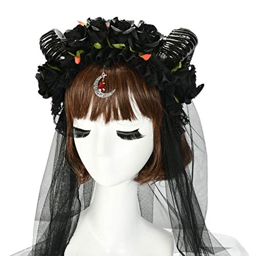 Zqxnt Halloween Cosplay Stirnband Schaf Horn Schwarz Rose Kronhaar Hoop Langer Mesh Schleier Mond Anhänger Karneval Party Kopfbedeckung Kopfstück von Zqxnt