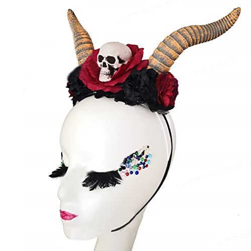 Zqxnt Halloween Devil Horns Stirnband Halloween Dämon Horn Antilope Stirnband Retro Schwarze Gothic Schädel Kopfbedeckung von Zqxnt