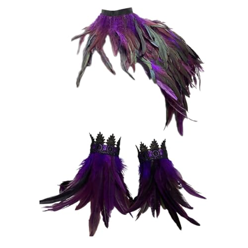 Ztexkee Federumhang Schal Kostüm Hexenflügel Kragen mit Federmanschetten Erwachsene Krähe Maleficent Neck, Violett, M von Ztexkee