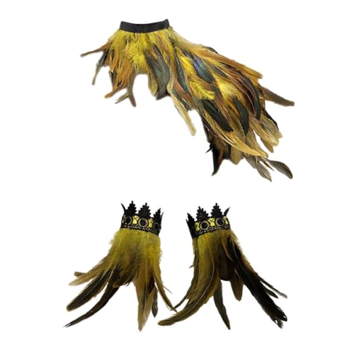 Ztexkee Federumhang Schal Kostüm Hexenflügel Kragen mit Federmanschetten Erwachsene Krähe Maleficent Neck, gelb, M von Ztexkee