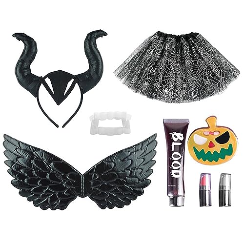 Ztexkee Halloween-Kostüm-Set für Kinder, Mädchen und Jungen, Hexenkostüm, Flügel, Rock und Haarband, Halloween-Cosplay-Party-Kostüm-Set von Ztexkee
