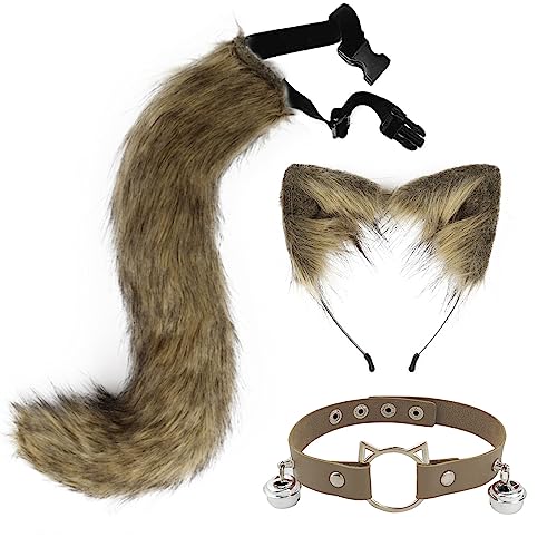 Ztexkee Kunstfell-Stirnband mit Tierohren, Fuchsschwanz, Cosplay-Kostüm, Pelz-Kopfschmuck, Halsband, für Halloween von Ztexkee