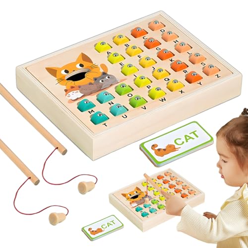 Zuasdvnk Magnetischer Fischereispielzeug, Holzmagnetfischereispiel - Hölzerne Bildungsfischereispielzeug Wort Rechtschreibbox - Eltern-Kind-Interaktion Kognitive Alphabetspiel für 3 4 5-jährige von Zuasdvnk