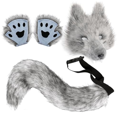 Wolf Kostüm Set Für Erwachsene, Realistisches Wolf Kostüm Mit Pelziger Maske, Handschuhen Und Schwanz, Frauen Cosplay Tier Outfit, Für Party Carnival Weihnachten Rollenbühne Modenschau Masquerade von Zubehors