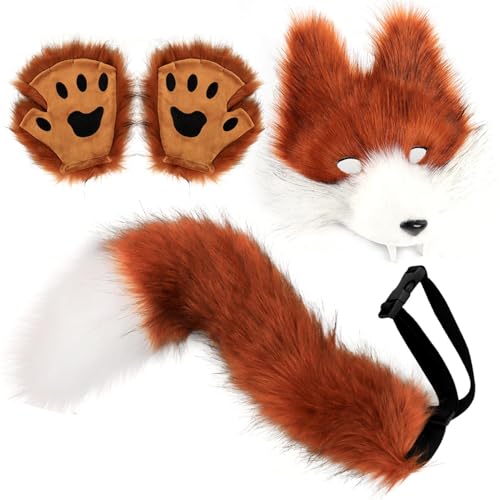 Wolf Kostüm Set Für Erwachsene, Realistisches Wolf Kostüm Mit Pelziger Maske, Handschuhen Und Schwanz, Frauen Cosplay Tier Outfit, Für Party Carnival Weihnachten Rollenbühne Modenschau Masquerade von Zubehors